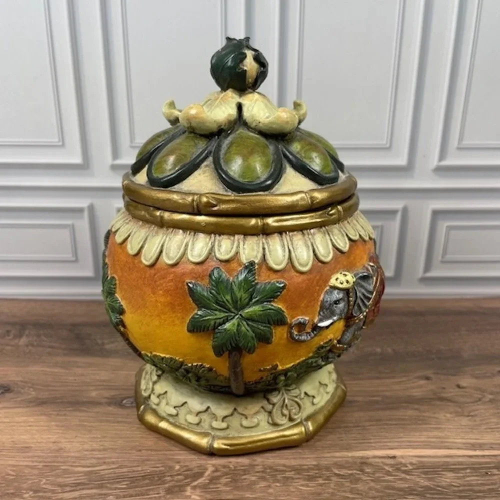 Hand Painted Decorative Two Piece Jar Keepsake‎ Urn Container Elephant Safari